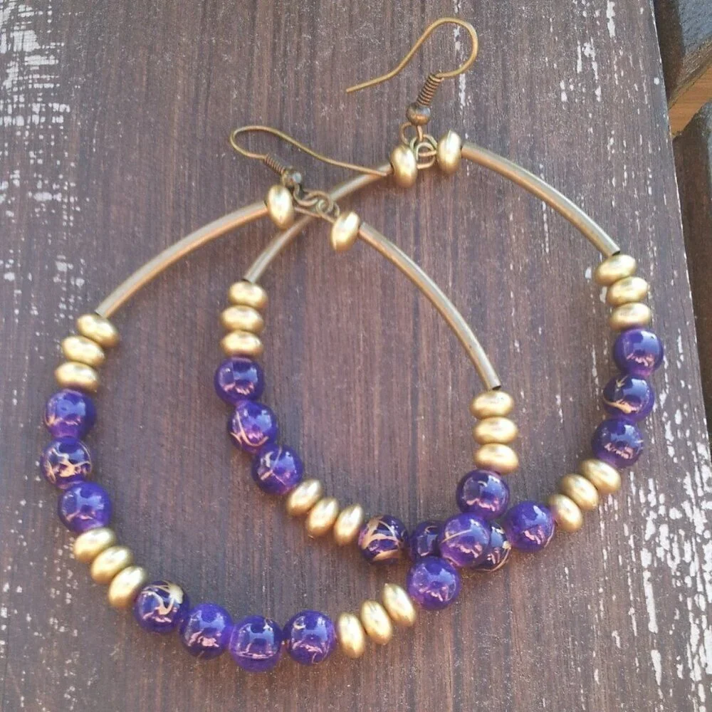 Vintage Retro Beads Big Hoop Earrings Bronze Dark Blue Gold